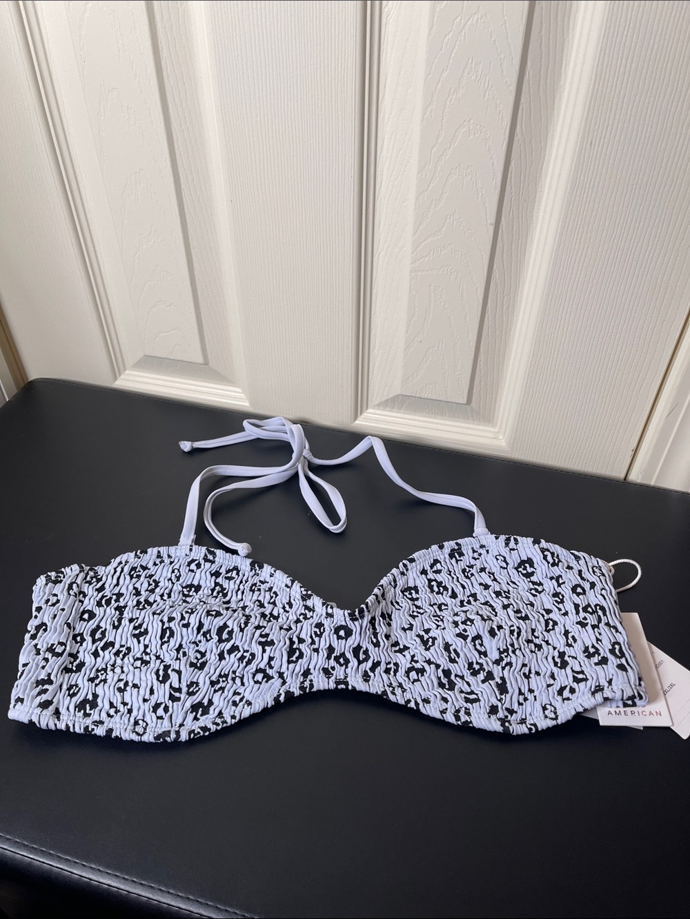 Good American Black & Light Blue Smocked Bandeau Bikini Top with Halter Tie